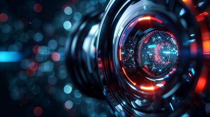 Abstract futuristic camera lens on dark background, place for te