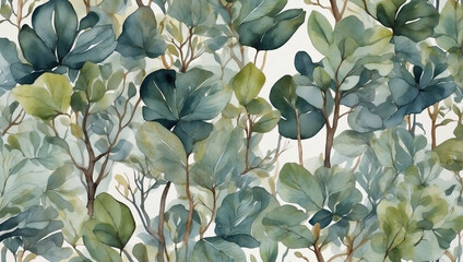 Watercolor pattern wallpaper capturing a coastal mangrove forest. - obrazy, fototapety, plakaty