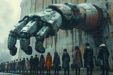 Surviving the AI Era: People in Line Under Giant Robotic Hand