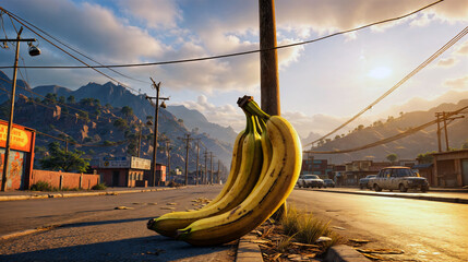 Giant bananas in the foreground on an urban street at sunrise with mountains in the background - obrazy, fototapety, plakaty