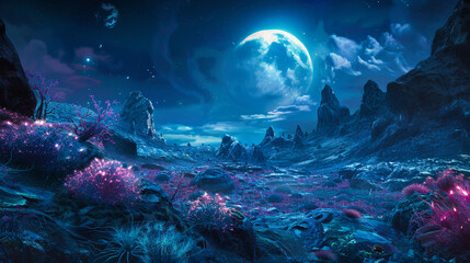 Fototapeta na wymiar A dramatic alien planet night landscape