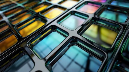 Closeup of assorted colored rectangular glasses in tray