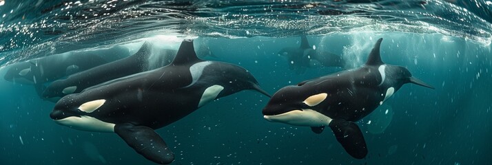 pod of killer whales underwater panoramic view panorama