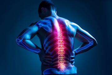 A man's back is shown with a red and blue spine. The spine is bent and twisted, and the man is holding his back. Concept of discomfort and pain