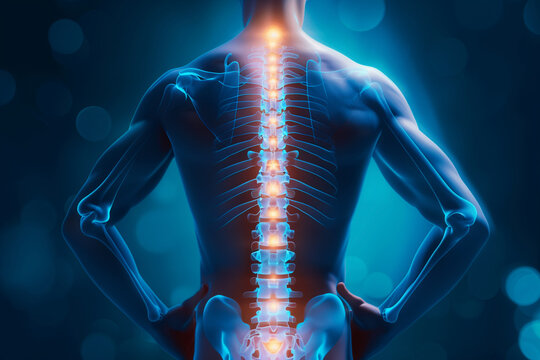A man's back is lit up with orange and yellow lights, representing the spine. Concept of discomfort or pain, as the spine is the central focus of the image. The use of bright colors