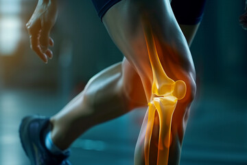 A person running with a knee injury. The knee is bent and the leg is bent at the knee