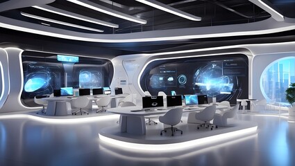 "Design a digital background illustrating a futuristic tech hub bustling with activity. The scene should showcase various elements related to technology, AI, data, audio, and graphics seamlessly integ