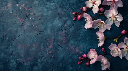 Cherry blossom branch on dark blue background, Flowering plant from Rose family - obrazy, fototapety, plakaty