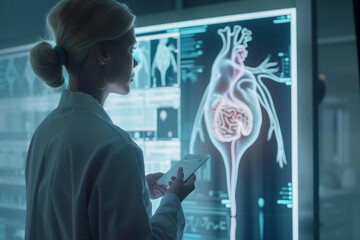 A woman is looking at a computer monitor displaying a medical image of a woman's kidneys. The image is in black and white and he is a CT scan. The woman is wearing a lab coat