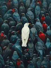 A white bird in the middle of the black crows - obrazy, fototapety, plakaty