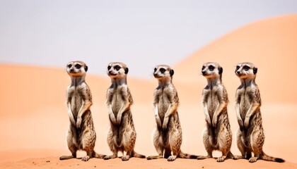 A quintet of vigilant meerkats stand at attention on a sandy desert backdrop, embodying communal vigilance.. AI Generation