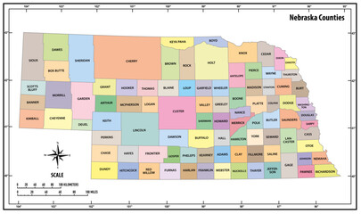 Nebraska state outline administrative and political map in color - obrazy, fototapety, plakaty