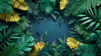 Fototapeta na wymiar tropical leaves paper cut on deep blue background