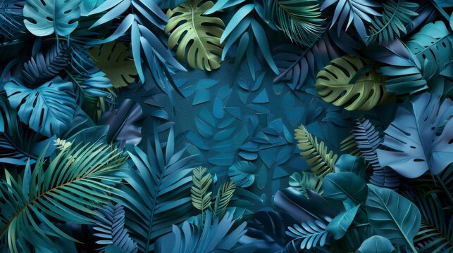 tropical leaves paper cut on deep blue background