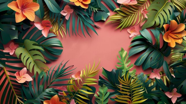 tropical leaves paper cut on pink background