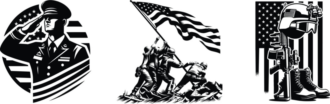 Set of  army with USA flag, Independence day, 4th of July, vector illustration.