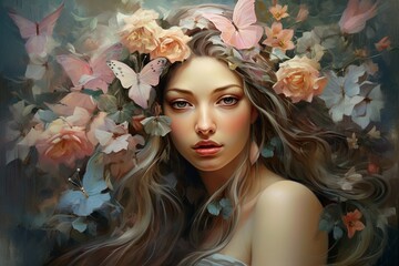 Graceful figure, headband of roses and lilies, face speckled with flower hues, a cascade of butterflies