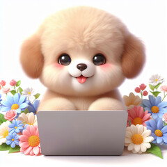 cute puppy using laptop, very cute, kawaii, smiling, flowers, white background