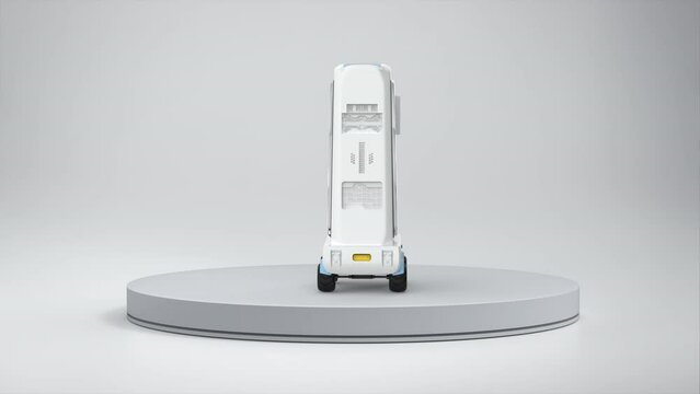 Delivery robot or robotic assistant carry stuff turnaround on stage
