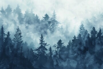 Dense, foggy pine forest. ethereal, dreamy landscape with blue tones, mystical atmosphere.