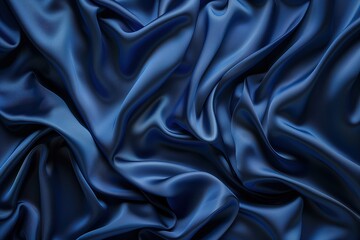 Obraz premium Dark blue silk satin fabric background with folds and waves, closeup view. Luxury cloth texture for design, print or wallpaper.