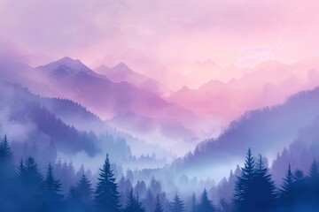 Mysterious forest landscape with foggy mountains in the background, pastel colors of pink and purple hues.