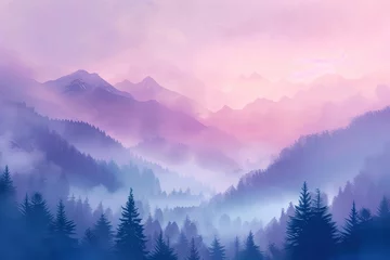 Poster de jardin Rose clair Mysterious forest landscape with foggy mountains in the background, pastel colors of pink and purple hues.