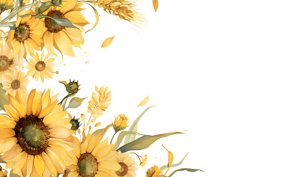 a watercolor illustration of a sunflower corner border, Generative AI