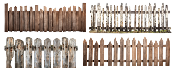 Set of old rustic wooden fences, cut out