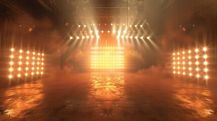 3d stage in a metal concert hall - light beams and fog for a party night - modern club interior