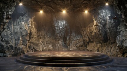 3d stage in a cave - podium with rocks - special location for clubs and party
