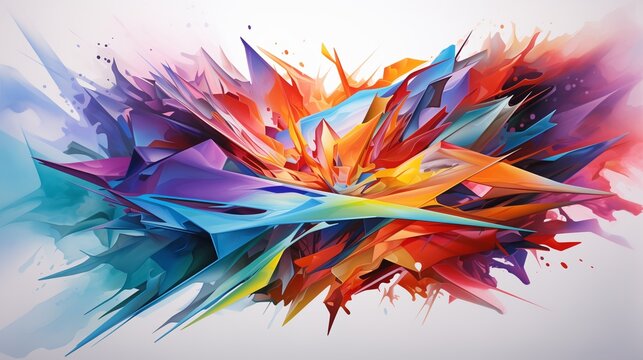 Jagged shards of color cut through the air, creating a dynamic and energetic composition against a backdrop of gradient waves.