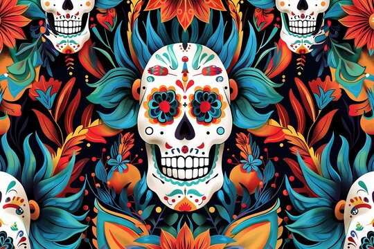 illustration with colorful sugar skulls surrounded vibrant Mexican flowers and tropical leaves, creating a lively pattern for the Day of The Dead celebration
