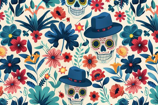 Day of the Dead patterned floral background with skulls and hats vector illustration