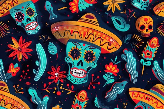 vibrant Mexican Day of the Dead pattern featuring traditional symbols like skulls, sombreros and marigolds in bright colors on a dark background