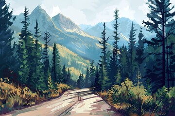 road leading to the mountains, surrounded by dense forests and pine trees, flat illustration