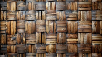 A woven pattern of brown wood with a brown background. The pattern is made up of many small pieces of wood, and the overall effect is rustic and natural
