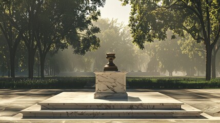 A glimpse into the past is captured in this image with a historic monument standing proudly behind a pristine marble podium. Shadows . .