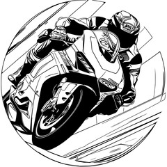 A stylized illustration of a motorbike racer leaning sharply into a high-speed turn, encapsulated within a dynamic, circular red motion blur suggesting rapid movement. - obrazy, fototapety, plakaty