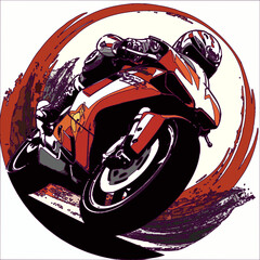A stylized illustration of a motorbike racer leaning sharply into a high-speed turn, encapsulated within a dynamic, circular red motion blur suggesting rapid movement. - obrazy, fototapety, plakaty