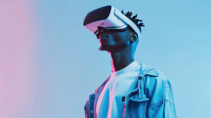 Black man in vr headset exploring metaverse world , on pastel blue background