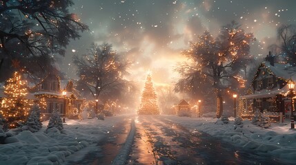 A picturesque Merry Christmas background with a snow-covered village, twinkling lights, and a beautiful Christmas tree at the center of a festive town square