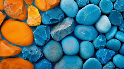 Electric blue rocks arranged in a circle on an orange surface