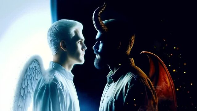 Angel and demon face to face, the background darkens
