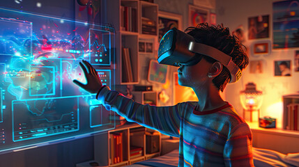 Boy with VR glasses from his room touches the metaverse with his hand