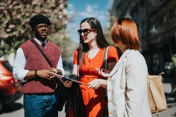 Three entrepreneurs engage in a lively outdoor discussion, focused on marketing strategies and revenue growth.