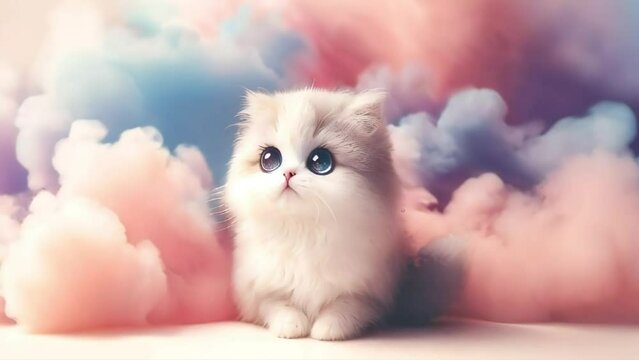 Adorable white kitten sitting in front of a cloud of smoke

