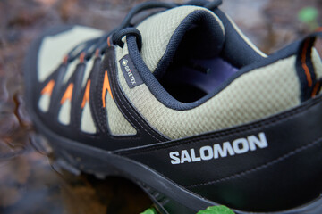 Naklejka premium Salomon X Braze GTX hiking boots with Gore-Tex membrane in water puddle, surrounded by fallen leaves. Sturdy trekking shoes against backdrop of forest terrain