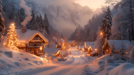 A picturesque snow-covered village with houses adorned with Christmas lights, smoke rising from chimneys, and a starry night sky above