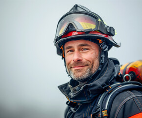 Fototapeta premium Readiness and Resolve: Detailed shot of a firefighter with a reflective visor
